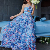 Halterneck Printed Butterfly Hollow Out Cutout Vacation Large Swing Dress Organza